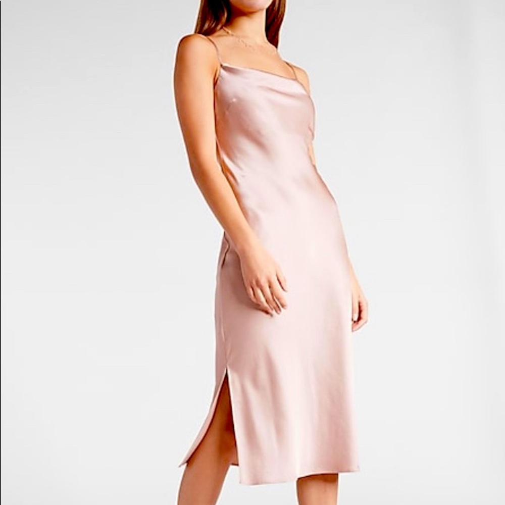 Express Satin Midi Cowl Neck Dress in Blushing Mauve